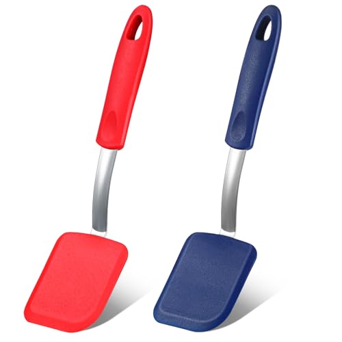 Silicone Cookie Spatula Turner 2 Pack Mini Brownie Spatula Flexible Kitchen Small Silicone Turner for Nonstick Cookware Heat Resistant No Scratch Flipper for Egg(Solid Flat,Red,Blue) - color: Red,Blue