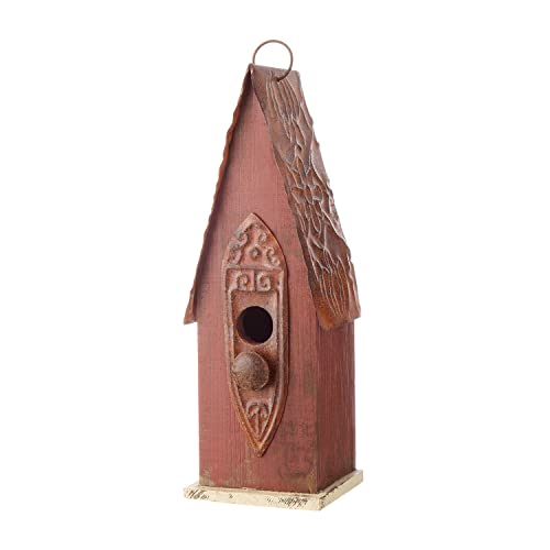 Glitzhome Bird Houses for Outside, Hand Painted Distressed Wooden Bird House for Outdoors, 13.25" H Hanging Birdhouse Bluebird House for Hummingbird,Sparrow,Wren Finch - color: Red