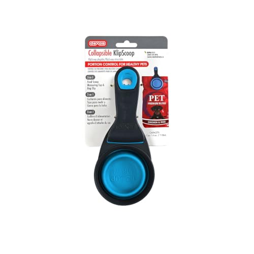 Dexas Popware for Pets Collapsible Klip Scoop, 3-in-1 Pet Food Scoop, Measuring Cup and Bag Clip, 1/2 Cup Capacity, Pro Blue - color: Pro Blue, size: 1/2 Cup Capacity