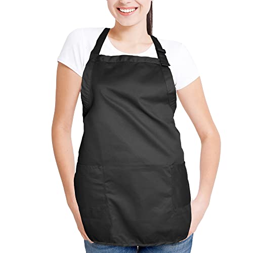 DALIX Apron Commercial Restaurant Home Bib Spun Poly Cotton Kitchen Aprons (2 Pockets) in Black - color: Black