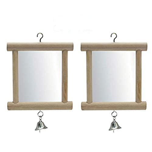 Litewoo Bird Mirror with Bell Parrot Swing Interactive Play Toys, 2PC | Natural wood, with bell, 5.91"x3.94", reduces loneliness, easy hang on cages, for small bird/parakeet/conure/lovebird - color: Bird Mirror with Bell-2PCS