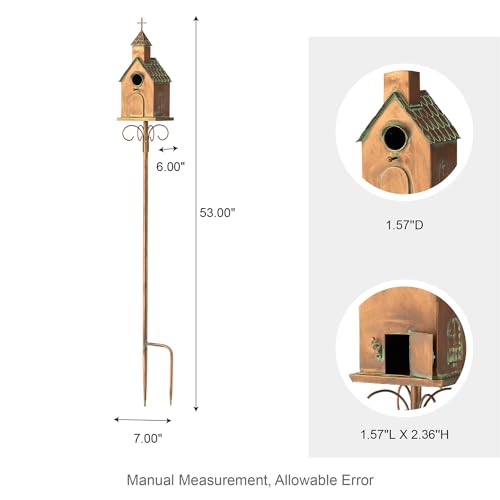 Glitzhome Bird House for Outdoors, 53.00" H Farmhouse Faux Copper Distressed Metal Bird House Church Birdhouse Decorative Garden Birdhouse with Stake