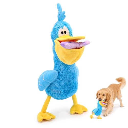 Squeaky Dog Plush Chew Toy Set, Interactive Tug Squeaky Toy for Chewers, Medium&Large Dogs&Fetch Play, 20.5 in Stuffed Bird with Bonus Fish Toy&Treat Storage Beak for Gentle Gum Care & Boredom Relief - color: Blue (Dada Bird)