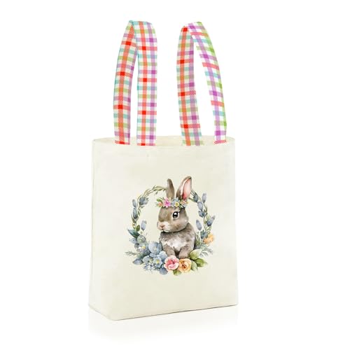 Easter Basket Bunny Canvas Tote Bag, 12.2x11 Inches, Natural Canvas, Hand-Carry, for Gift and Easter Egg Collection - color: B-bunny
