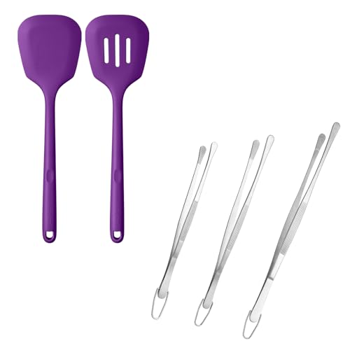 600ºF Heat Resistant Silicone Turners: U-Taste 13.6in Long Solid & Slotted Kitchen Spatula Flipper (Purple, 2PCS) and 8"+10"+12" Kitchen Cooking Tweezer: 18/8 Stainless Steel, Round Tip