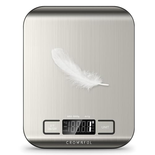 CROWNFUL Food Scale, 11 lb Digital Kitchen Scales with Built-in Coin Battery, Weight Ounces and Grams for Cooking and Baking, 6 Units with Tare Function, LCD Display, 304 Stainless Steel - size: Medium