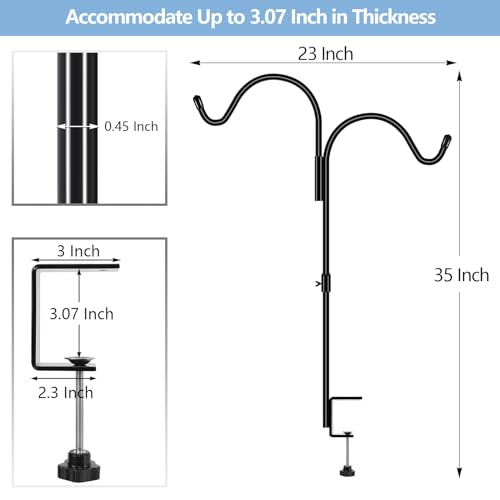 Gtongoko 35 Inch 2 Pack Double Deck Hook for Railing, Deck Bird Feeder Pole with 3 Inch Strengthened Clamp for Hanging Bird Feeders, Lanterns, Wind Chimes, Flower and Plant Baskets