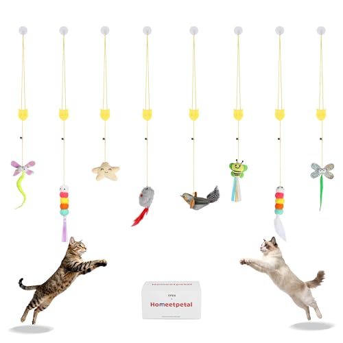 8 Pcs Hanging Cat Teaser Toys, Bird & Mouse Toys with Bird Chirp & Catnip, Bell Feather Toys, Drill-Free Wall Mount for Indoor Kittens and Adult Cats