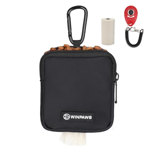 Dog Treat Pouch with Training Clicker,Waterproof Nylon Fabric Poop Bag Holders for Leashes,Hands Free Small Dog Walking Bag with Carabiner, Pet Puppy Training Walking Essentials (Black) - color: Black