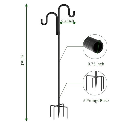 Double Shepherds Hooks for Outdoor 2 Pack 76 Inch | Stable yard hanging pole, perfect for hummingbird feeders, wind chimes, lanterns & outdoor decorative ornaments - size: 76 Inch