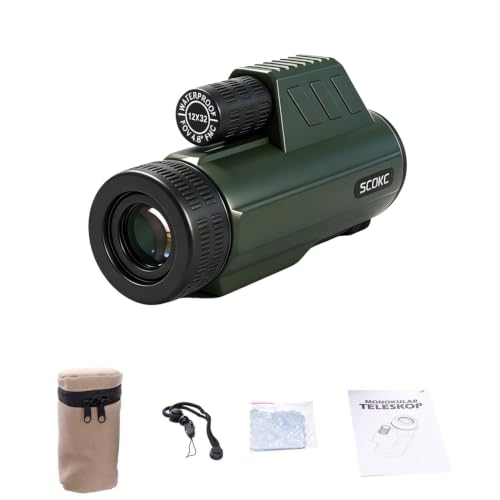 Waterproof Monocular Telescope | Lightweight with Travel Bag, Compact, 12X Magnification, Wide Field of View for Bird Watching, Hunting, Hiking, Camping (12x32, Army Green) - color: army green