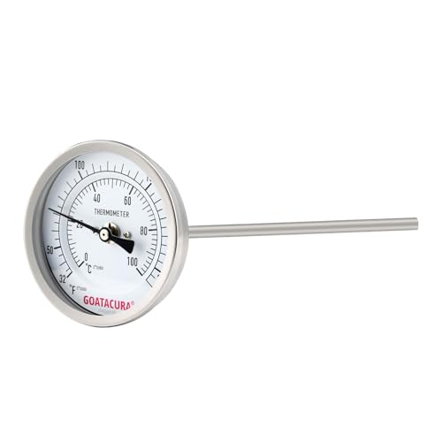 Dial Thermometer for Brewing, 304 Stainless Steel Case and Probe, 3" Dial Size, 12" Stem Length, 32-212 Deg F/0-100 Deg C, 1/2" NPT Back Mount