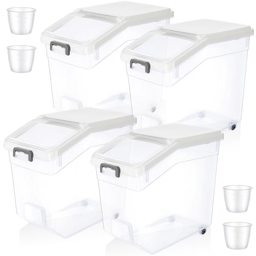 4 Pcs Rice Storage Container 38 lb Flour Container with Wheels Measuring Cup Clear Pet Food Bin Dog Birds Cat Food Bin Grain Cereal Organizer Box for Dry Baking Supplies(White Lid) - color: White Lid, size: 38 lb