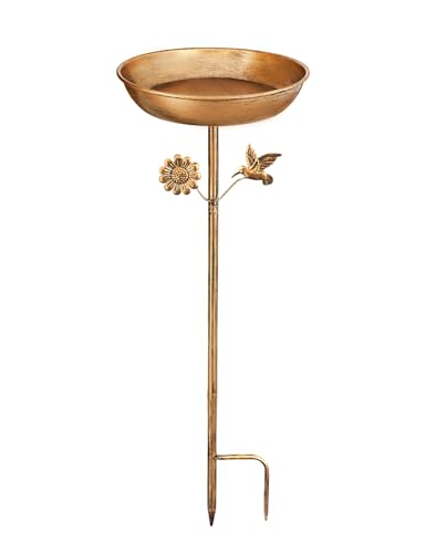 Freestanding Bird Bath with Metal Stake - 11” Antique Bronze Metal Birdbath Bowl & Feeder for Outdoor Garden Yard Decor