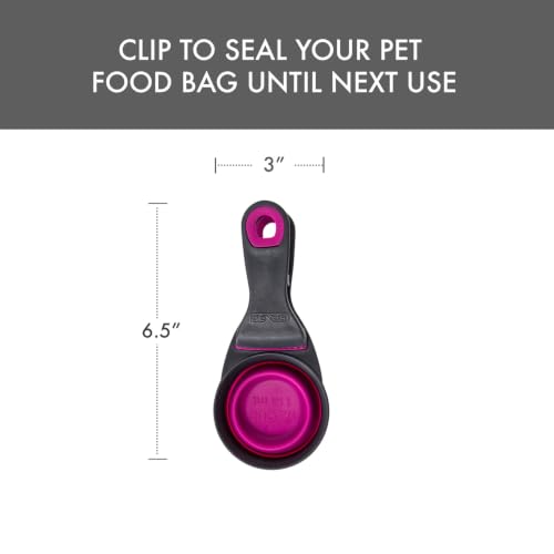 Dexas Popware for Pets Collapsible Klip Scoop, 3-in-1 Pet Food Scoop, Measuring Cup and Bag Clip, 1/2 Cup Capacity, Fuchsia - color: Fuchsia, size: 1/2 Cup Capacity