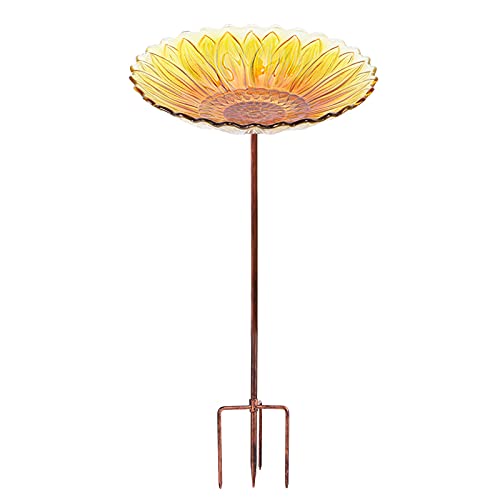 Glass Bird Bath, Garden Outdoor Birdfeeder with Metal Stake, Yellow | Birdbaths with metal stand to attract cardinals and blue jays wild birds and beautify outdoor sunflower gardens decor - color: Yellow