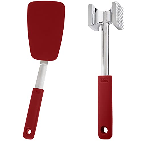 Gorilla Grip Silicone Spatula and Meat Tenderizer, Flexible Silicone Spatula Size 11.6 inch, BPA Free Heat Resistant, Spiked Side Meat Tenderizer, Both in Red Color, 2 Item Bundle