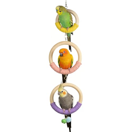 3-Ring Bird Wooden Swing with Bell Climbing Toy Chewable Cotton Rope Perch | 17 Inch for Cage Cockatiels Budgies Parakeets Lovebirds