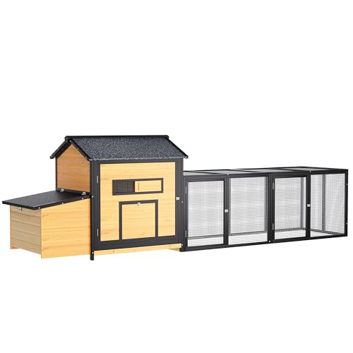 YOPTO Wooden Chicken Coop, 114 in, Outdoor Run, Black/Gold | Solid wood, Weatherproof roof, Outdoor run, Nesting box, Pull-out tray, 6 access doors, Ramp - size: 114.0"L x 25.4"W x 33.9"H