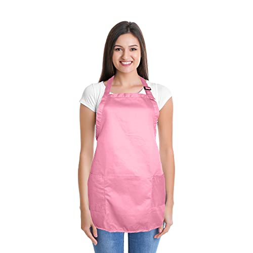 DALIX Apron Commercial Restaurant Home Bib Spun Poly Cotton Kitchen Aprons (2 Pockets) in Pink - color: Pink