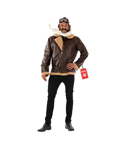 fun shack, Aviator Costume Men, Halloween Costumes for Men | Brown Leather-look Jacket with Beige Fleece Trim, Off-white Scarf Included, Perfect for Halloween, Great for Dress-Up - size: Large