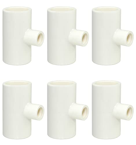(6 Pack) Chicken Waterer PVC Tee Fittings For Threaded Poultry Watering Cups - Schedule 40 PVC 1/2 inch Slip X 1/2 inch Slip X 1/8 inch FPT
