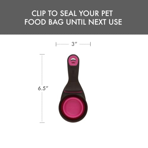 Dexas Popware for Pets Collapsible Klip Scoop, 3-in-1 Pet Food Scoop, Measuring Cup and Bag Clip, 1/2 Cup Capacity, Pink - color: Pink, size: 1/2 Cup Capacity