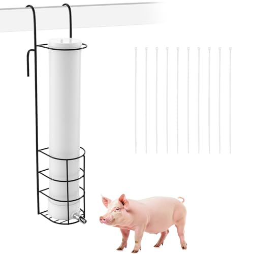 1 Set Hanging Vertical Pig Waterer with Nipples Cover and Cable Tie for Pig and Other Livestock, Sturdy and Durable, Height-Adjustable and Easy to Install