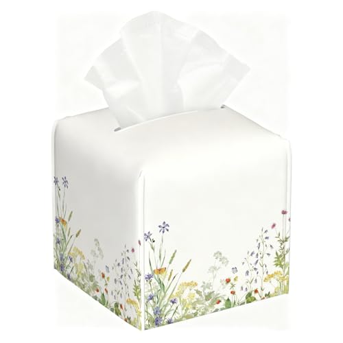 Watercolor Wildflower Tissue Box Cover, PU Leather Holder with Floral & Butterfly Design for Living Room/Bathroom, Gift for Housewarming & Nature-Loving Homeowners - color: White Decoration Theme-05