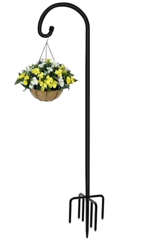 92 inch Outdoor Shepherd Hook with Upgraded 7 Prong Base (1 Pack), Adjustable Heavy Duty Garden Hanging Stake for Bird Feeder Solar Light Plant Hanger Wedding Decor, Matte Black - size: 92IN-1PACK