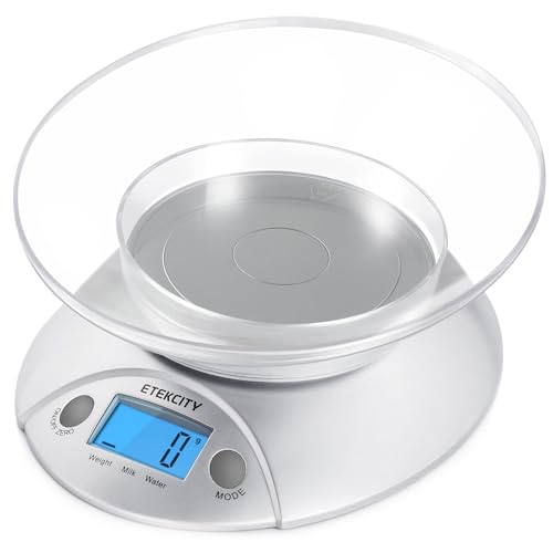 Etekcity Food Kitchen Scale with Bowl, 11lb/5kg, Grams and Ounces | Removable bowl with tare, backlit display, ideal for baking, meal prep, dieting and weight loss - color: Stainless Steel-Gray