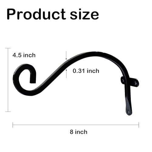 Hourleey 2 Pack Plant Hanger Outdoor, 8 Inch Heavy-Duty Hanging Plant Hook for Outside Basket, Black Metal Wall Mount Plant Bracket Hook for Flower Baskets Bird Feeder - size: 8 Inch-2 Pack