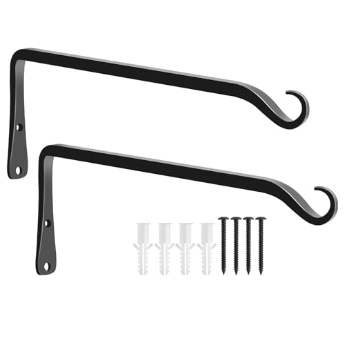 2 Pack 12 Inch Hanging Plant Bracket Wall Hooks Decorative Plant Hangers for Outdoor Hanging Bird Feeders, Wind Chimes, Plant Baskets, Black - color: Black-L, size: 12 Inch