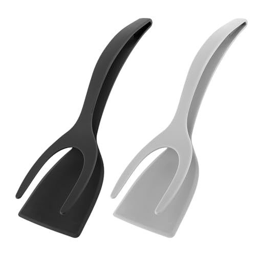 2 in 1 Egg Flipper Spatula, Non-Stick Grip and Flip Spatula Tongs for Pancakes, Omelets, Fish, Eggs, Burgers, Steaks, Heat Resistant Cooking Tool for Kitchen use (Black+Grey) - color: Black+Grey