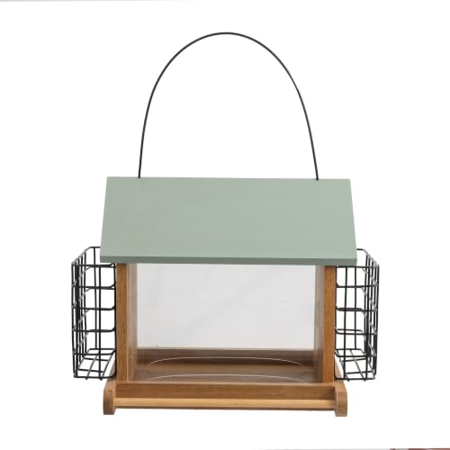 Wood Hopper Bird Feeder with Double Suet Cage, 10 lb Large Capacity Hanging Wild Bird Feeder for Outdoor, Garden Bird Feeder with Weatherproof Roof