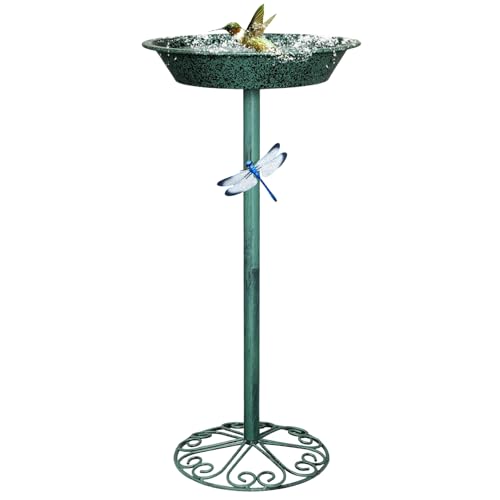 Freestanding Birdbath for Outside, 25.5 inch Height Outdoor Garden Bird Bath, Metal Bird Feeder with Magnetic Dragonfly for Garden Yard Patio Lawn Decor, Green - color: Green