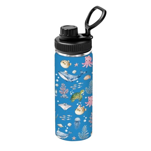 Whale 18 oz Water Bottle, with 2 Lids Handle, Insulated Sports Cup | 18oz Stainless Steel Travel Tumbler, Reusable Leak proof Anti Slip Boot Mug,Christmas Birthday Marine Gift for Son - color: Marine Life