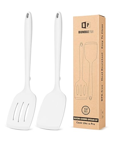 Pack of 2 Silicone Spatula Turners, Non Stick Slotted Kitchen Spatula Set, Heat Resistant BPA Free Kitchen Utensils, One-Piece Design, Suitable for Flipping Fish, Eggs, Steak, Pancakes (WHITE) - color: White