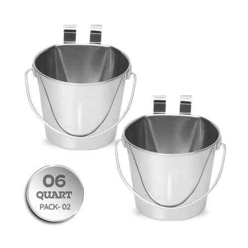 6 Quart Stainless Steel Flat Sided Bucket with Dual Hooks | 2 Pcs Food & Water Bowl for XL Dog Goat Cattle Horse & Livestock | Fits kennel Crate Cages Farm Hanging Pet Pail | Multipurpose - size: 6 Quart (Pack of 2)