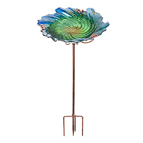 26" Glass Bird Bath, Outdoor Birdbath Bird Feeder Green Flower Metal Stake | Bird Bath for Outside with Stable Metal Stake, Attracts Birds for Bathing and Adds Elegant Outdoor Garden Decor - color: Green