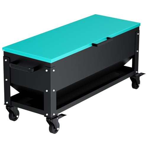Heavy Duty Chicken Feeder 120 lbs Large Capacity, Metal Automatic Poultry Feeding Box with Waterproof Lid, Raised Standing Feeder with Wheels for Hens & Roosters, Portable & Easy to Move