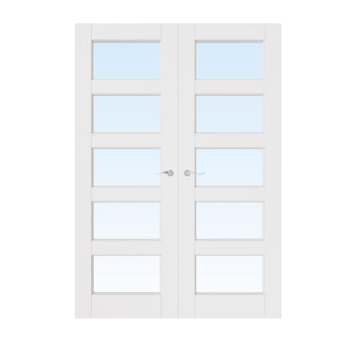 48x80 Interior French Door,5-Lite Clear Glass Doors,Living Room Doors | Satin Nickel Hardware-Privacy Door Lever w/ Lock, Latch&Hinges, Solid Core,Tempered Glass,No PreDrill,Jamb Assembly Required - color: 5 Lite, Silver Hinges, size: 48x80 for 50x82 open