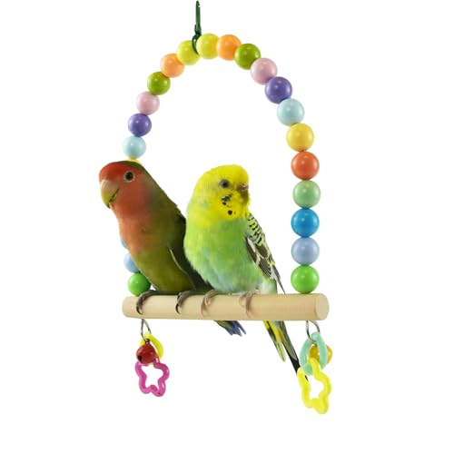 Large Bird Swing for Cage Parrot Wooden Perch Stands Cockatiel Hanging Toy | Colorful Acrylic Beads Bell, Parakeet Climbing Chewing Toys, Playground Birdcage Accessories for Quaker Conures Lovebirds - color: Multi-color