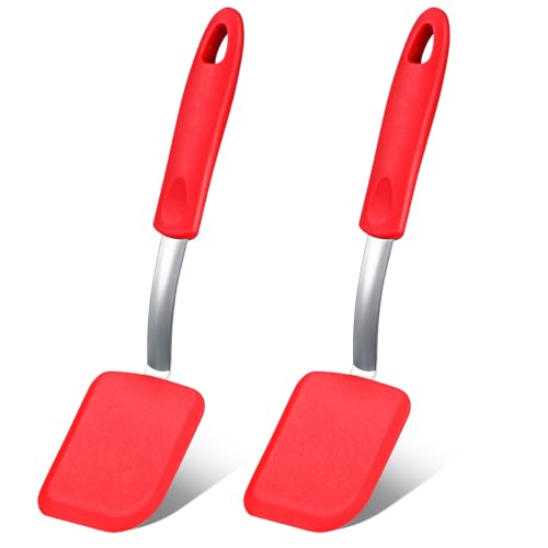 Silicone Cookie Spatula Turner 2 Pack Mini Brownie Spatula Flexible Kitchen Small Silicone Turner for Nonstick Cookware Heat Resistant No Scratch Flipper for Egg(Solid Flat,Red) - color: Red