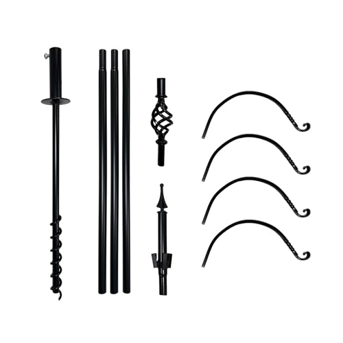 Bird Feeder Pole System - Made in USA Heavy Duty - Twist-in Black Tall Pole System for Hanging Bird Feeders, Flower Baskets, and Decoration - Easy Assembly - Scrolled Arms (FP5TLM4B)