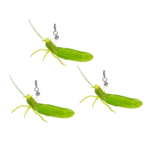 TTcat 3 Pack Grasshopper Cat Wand Refills, Realistic Green Insect Natural Feather Detachable Replacement Toy with Bell, Universal Lobster Clip-on Cat Teaser Attachments. - color: 3Pcs (Grasshoppers)