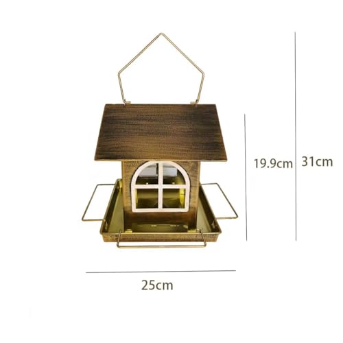 Metal Hummingbird Feeder with Glass Windows and Gold Perches, Vintage Cottage Style, Outdoor Hanging for Garden Patio Backyard, Bird Watching Decor, Metal Construction