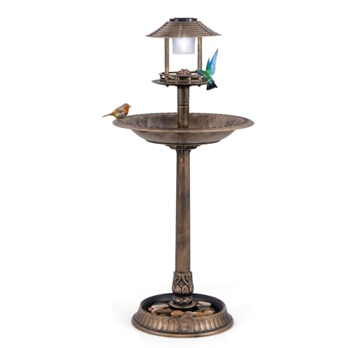 BECOMFORT Solar Bird Bath, Vintage Pedestal Birdbath with Solar Powered Lamp, Bird Feeder, Flower Planter Base & 3 Ground Stakes, Plastic Bird Bath for Outside, Garden, Yard & Outdoor (Bronze) - color: Bronze