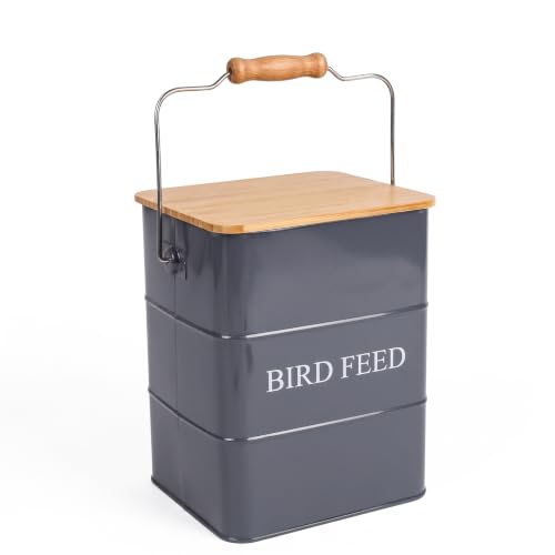 Metal Bird Seeds storage container,Outdoor Bird Container Canister, Pet Food Bin with Wooden Lid/Handle/Food scoop,hold 5-6 Lbs of Wild Bird Seed Sunflower Seed-Preventing Squirrels-Gray - color: Gray