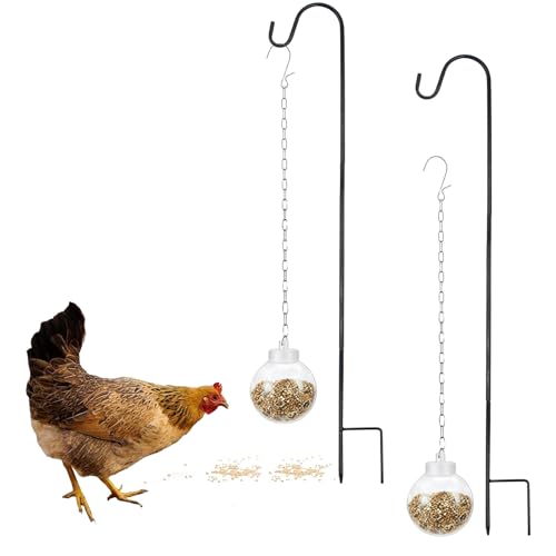 2 Pack Chicken Treat Dispenser with Shepherd Hook, Interactive Hanging Slow Feeder Balls for Chickens, Ducks & Small Pets – Pecking Enrichment Coop Toy with Chain Outdoor Feeders